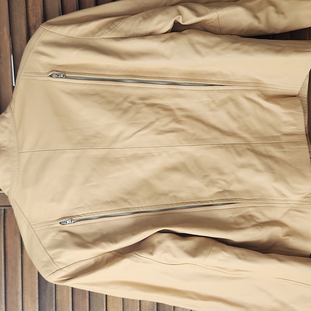 Vintage Moda In Pelle Waist Length Moto Jacket Zippered Buttery Yellow Beige - Picture 4 of 9